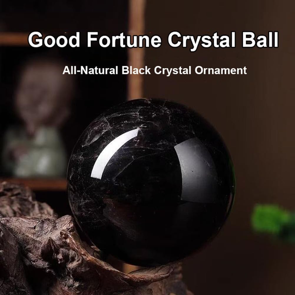 Black Quartz Crystal Ball for Decorative, Obsidian Crystal Sphere with Wooden Stand,Polished Stone Ball Ornament Home Office Decor,3.5"(9cm)