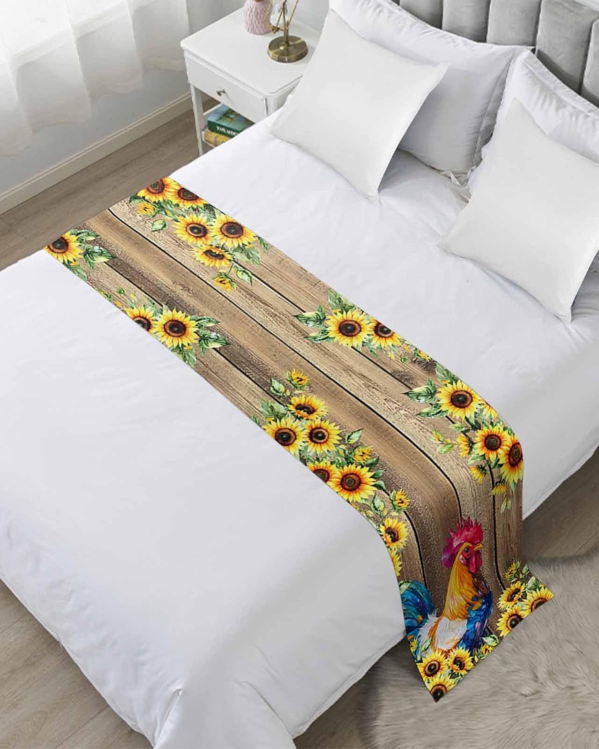 Farmhouse Rooster Bed Runner Scarf Full Queen Size, Retro Botanical Sunflower Floral Wood Luxury Bed Throw Runners & Scarves for Twin Full Queen King Foot of Bed, Bedroom Hotel Decoration, 83"x20"