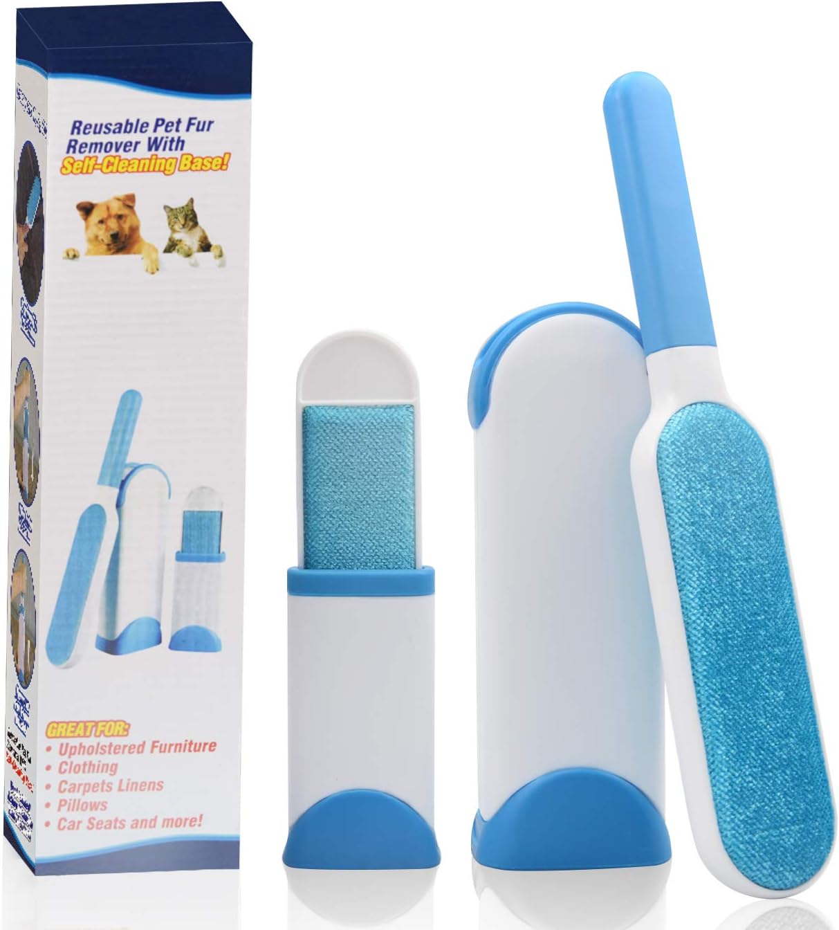 DOXILA Pet Hair Remover for Couch Dog Hair Remover for Furniture,Dog Hair Brush for Shedding Short Hair,Lint Brush with Self-Cleaning Base, Double-Sided Dog & Cat Hair Remover (Blue)