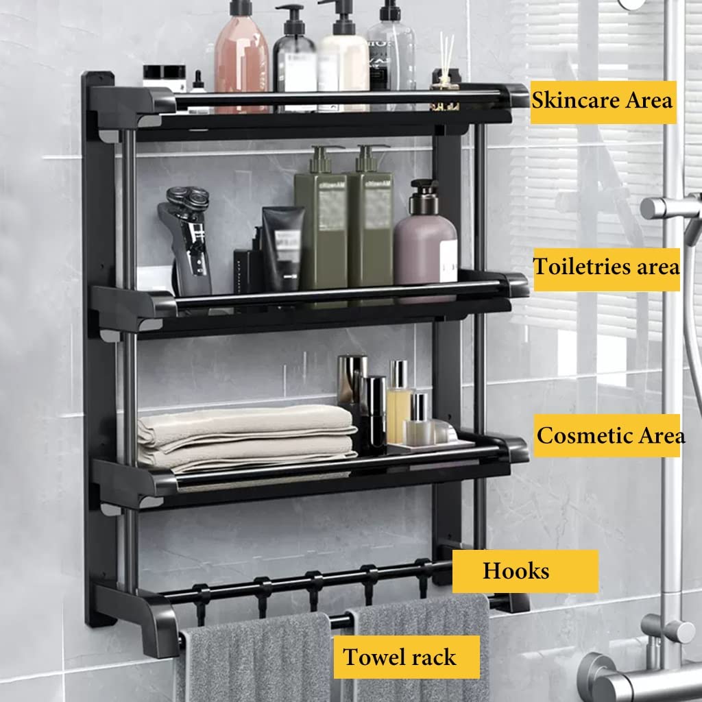 Organizador de baño de acero inoxidable de 3 niveles, gancho extraíble y toallero, adecuado para paredes de azulejos, requiere perforación