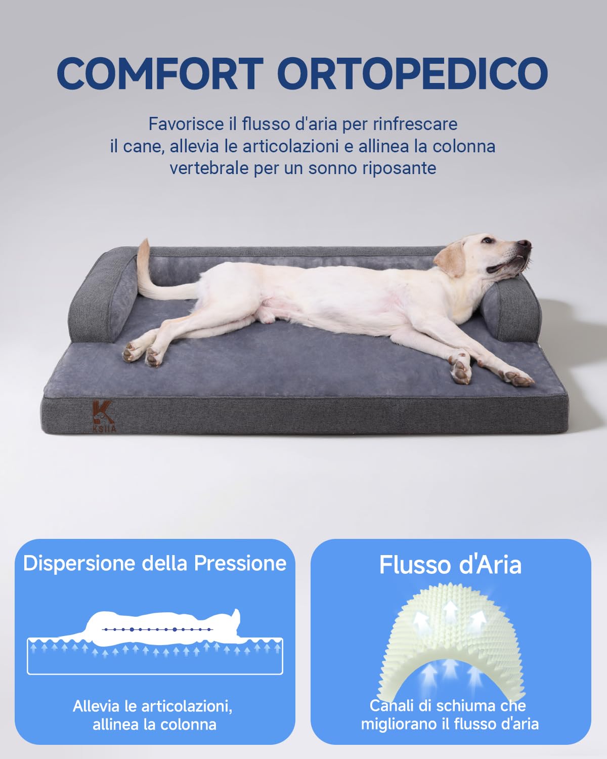 KSIIA Cuccia Cane Interno Cuscino Cane Sfoderabile e Lavabile, Ortopedica e Impermeabile con Base Antiscivolo, Con Cuscino a Forma di U, Grigio Scuro, 119x81x19cm