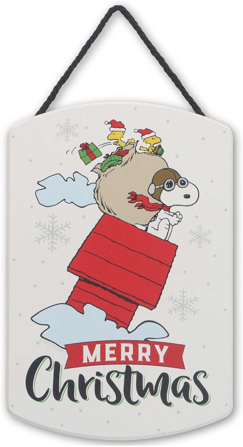 Peanuts Snoopy Flying Dog House Merry Christmas Hanging Wood Wall Decor - Fun Snoopy Christmas Decoration for Home