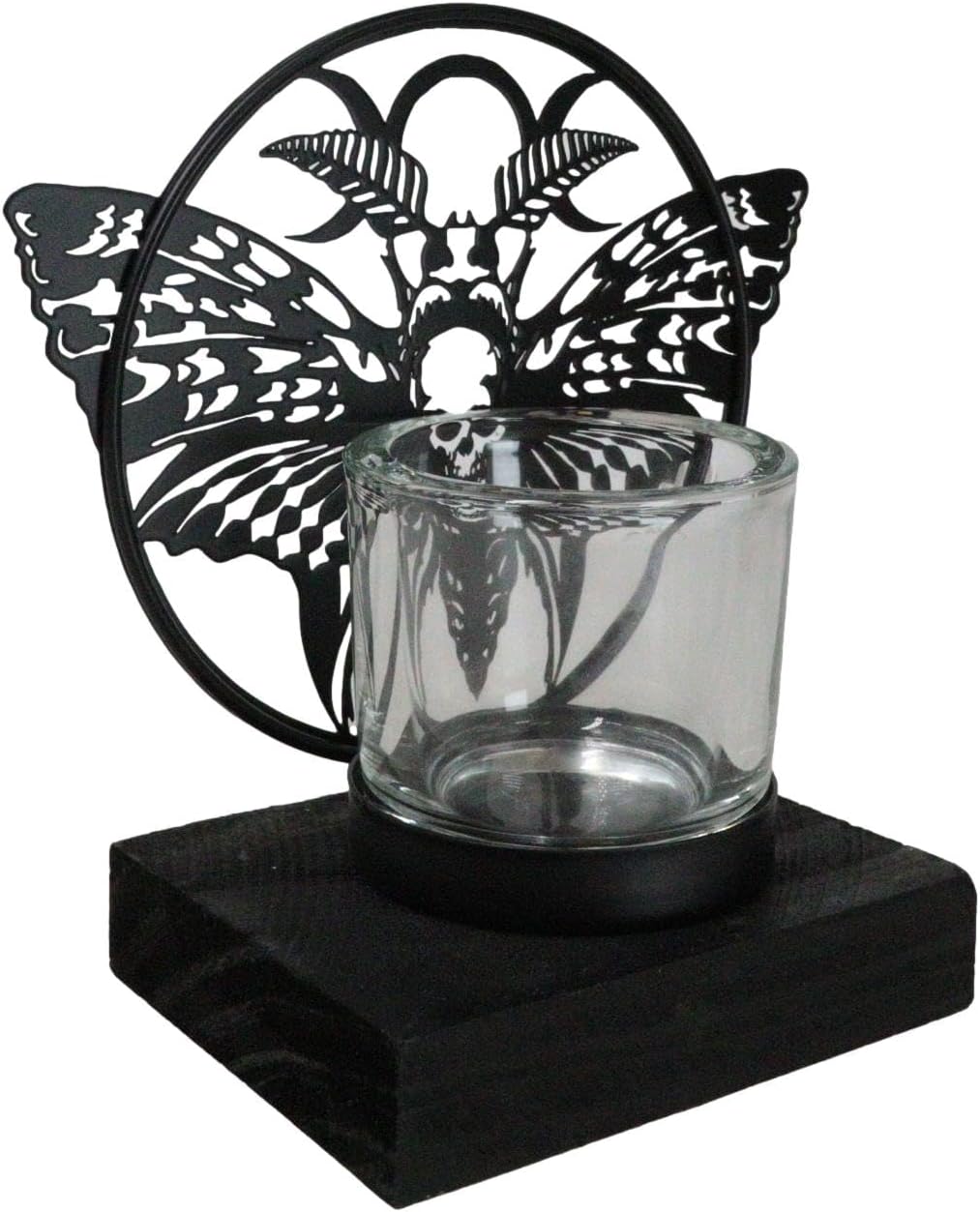 Ebros Gift Macabre Ossuary Death's Head Skull Black Moth Triple Moon Black Coated Steel Metal Votive Tea Light Candle Holder Decoration Home and Patio Decor