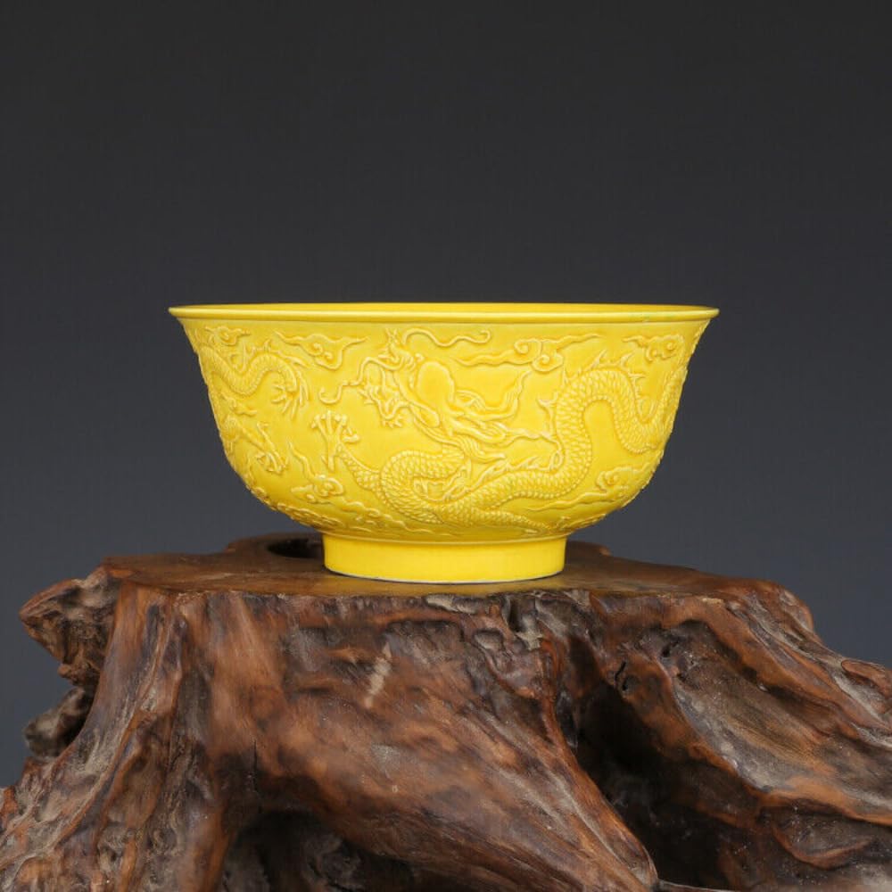 Cuenco dragón tallado de porcelana esmaltada amarilla 15,5 cm YTDJJWLS coleccionistas