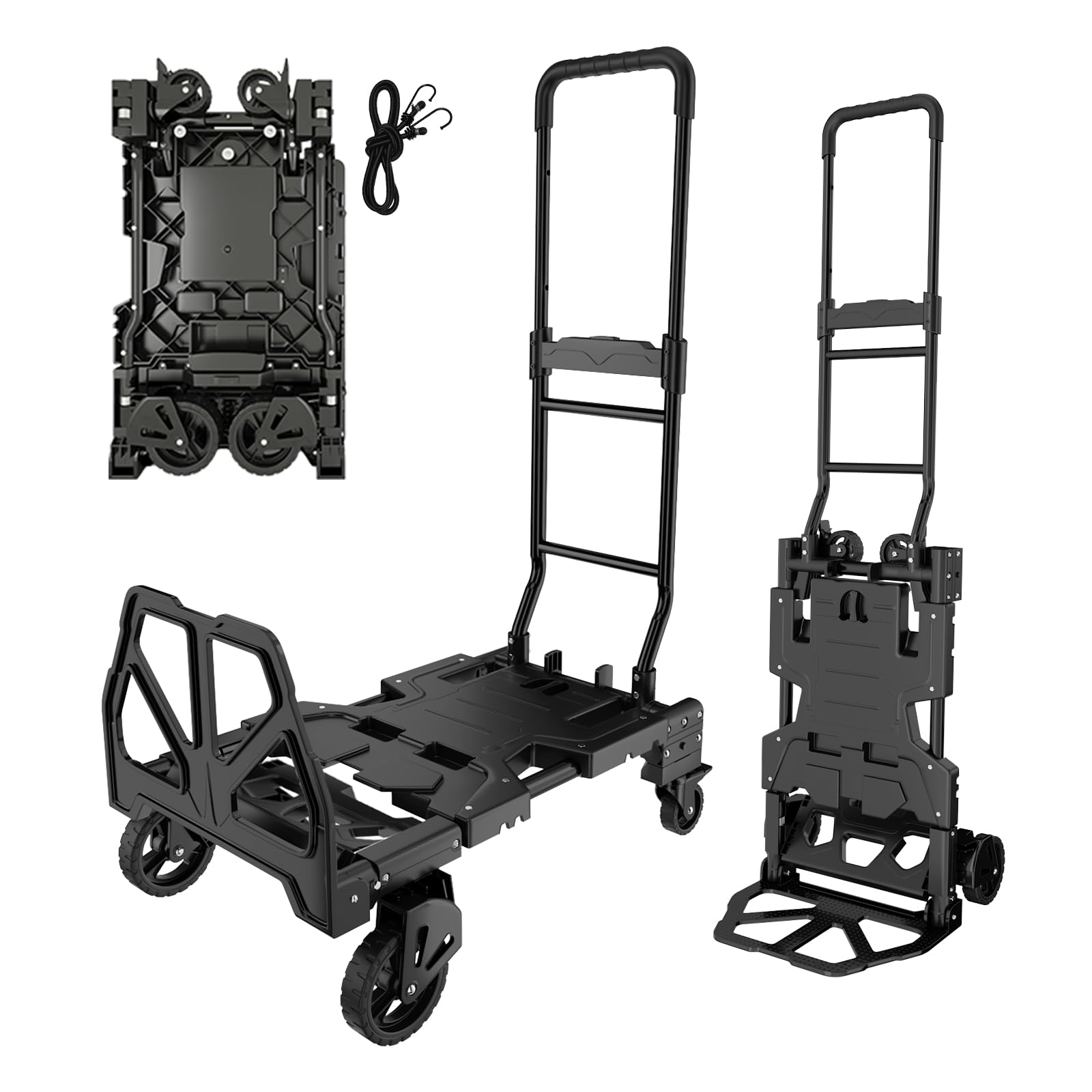 Carretilla de mano plegable con cesta plegable, capacidad resistente con mango retráctil, carrito utilitario con 1 cuerda elástica (B-sin caja)