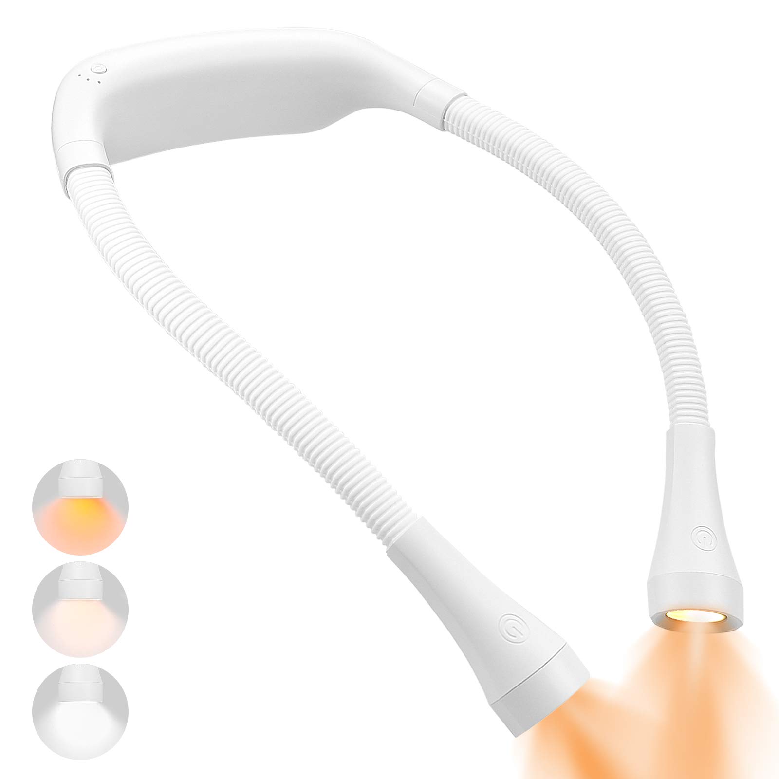 LED Neck Light USB Rechargeable Reading Light with 2000mAh Battery 3 Mode Brightness Adjustable 4 Bulbs Flexible Arms Hands-Free Hug Lamp for Night Running Knitting Camping Repairing (White)