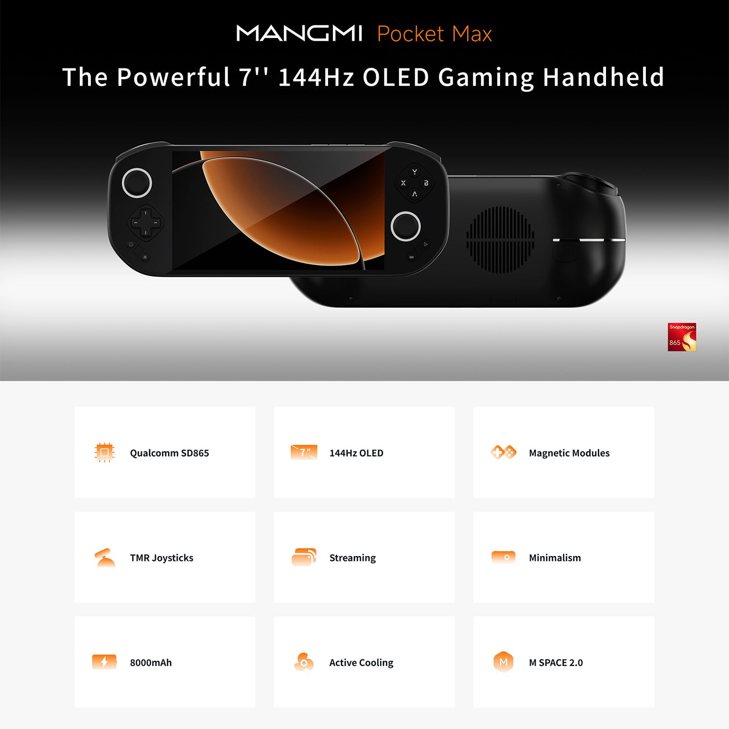 Pocket Max Console de Jeu rétro Portable Android, Écran Tactile 7" 144Hz FHD AMOLED, Snapdragon 865, 8GB RAM, 128GB UFS 3.1, Commandes modulaires magnétiques, Joysticks TMR, 8000mAh [Black]