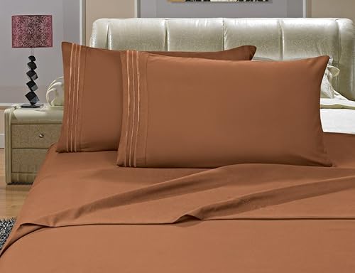 Miniatura 3 de Elegance Linen Wrinkle-Resistant 1500 Thread Count TwinTwin XL Size Silky Soft Luxurious 4pcs Sheet Set Deep Pocket Up to 16" - Bronze