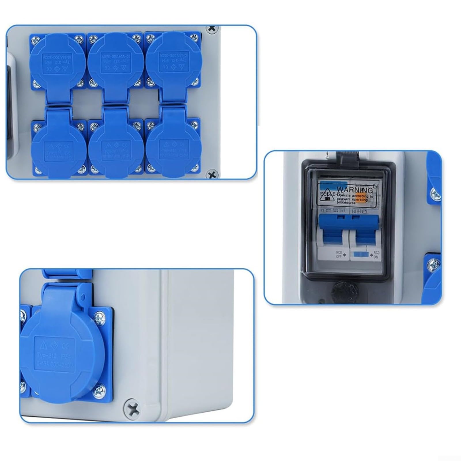Distribuidor de pared IP54 de 6 vías con interruptor FI, 1P+N, 250 V/16 A, carcasa ABS, para taller, garaje y exteriores