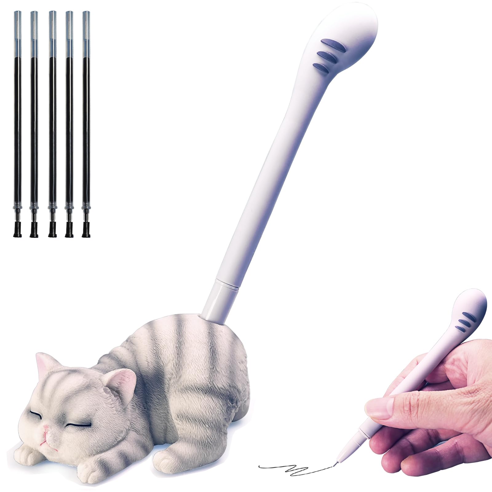 TOMZEGNA Lazy Cat Pen Holder for Desk, Cute Cat Tail Pen Stand Decor, Light Grey, 5 Extra Refills