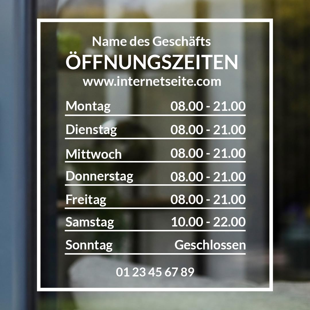 Öffnungszeiten Aufkleber für Schaufenster, personalisierbar - Design 1