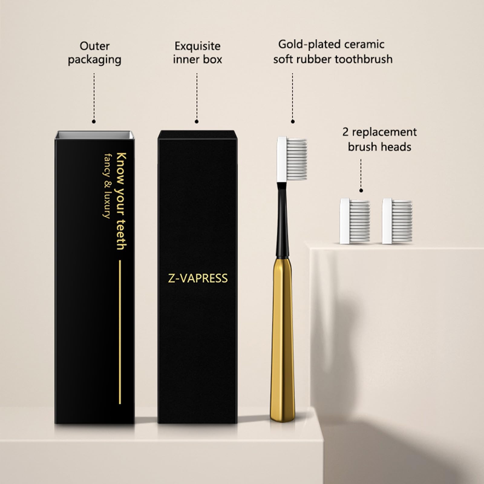 Z-VAPRESS Cepillo de dientes de viaje de cerámica dorado chapado en oro con 2 cabezales de repuesto gratis con cerdas blancas de silicona suave