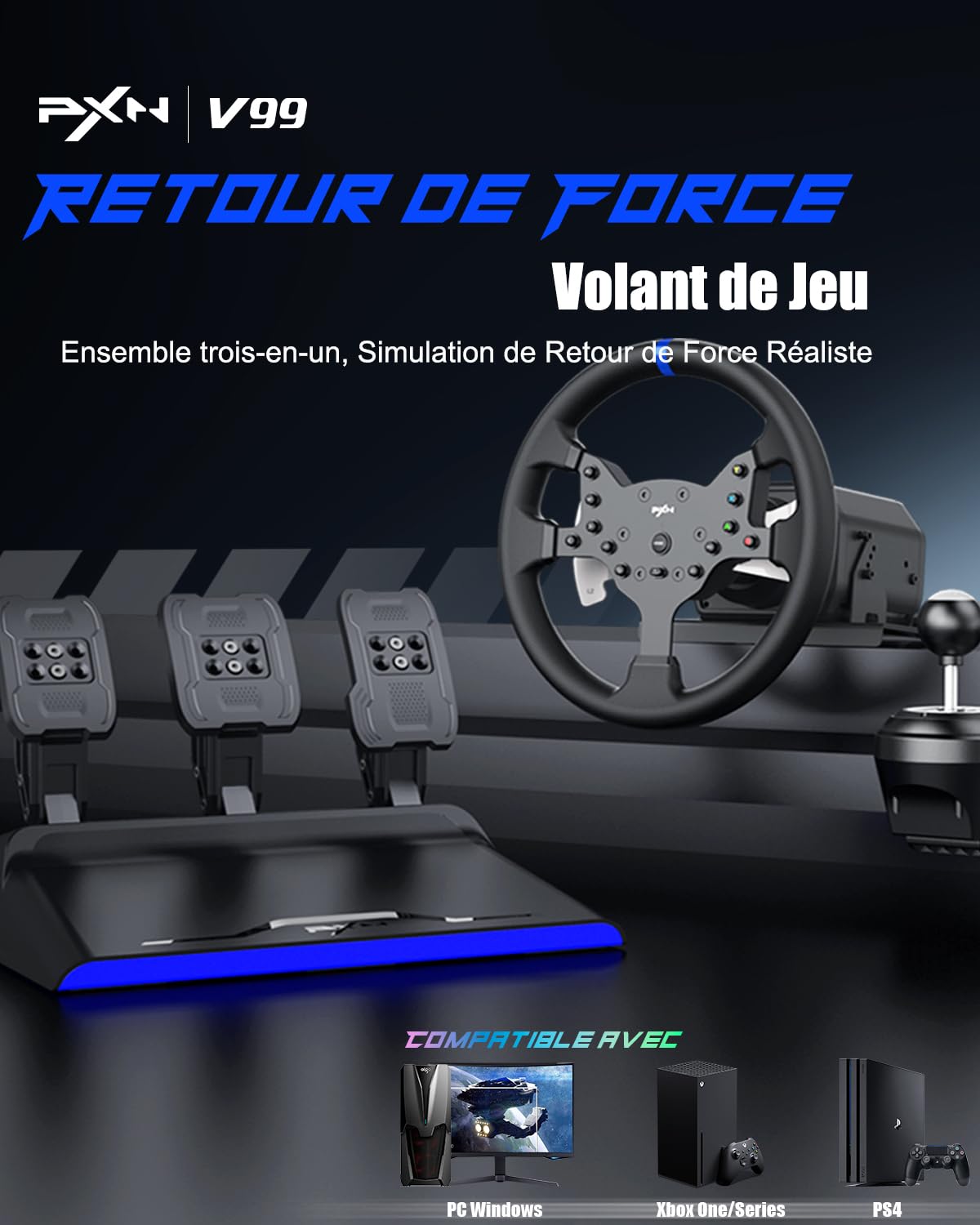 PXN V99 Volant de Jeu – Retour de Force 3,2 Nm, 270°&900°, 300mm, 4 Palettes, 3 Pédales, Levier de Vitesses en H, Application de Réglage – Volant pour PC, Xbox, PS4