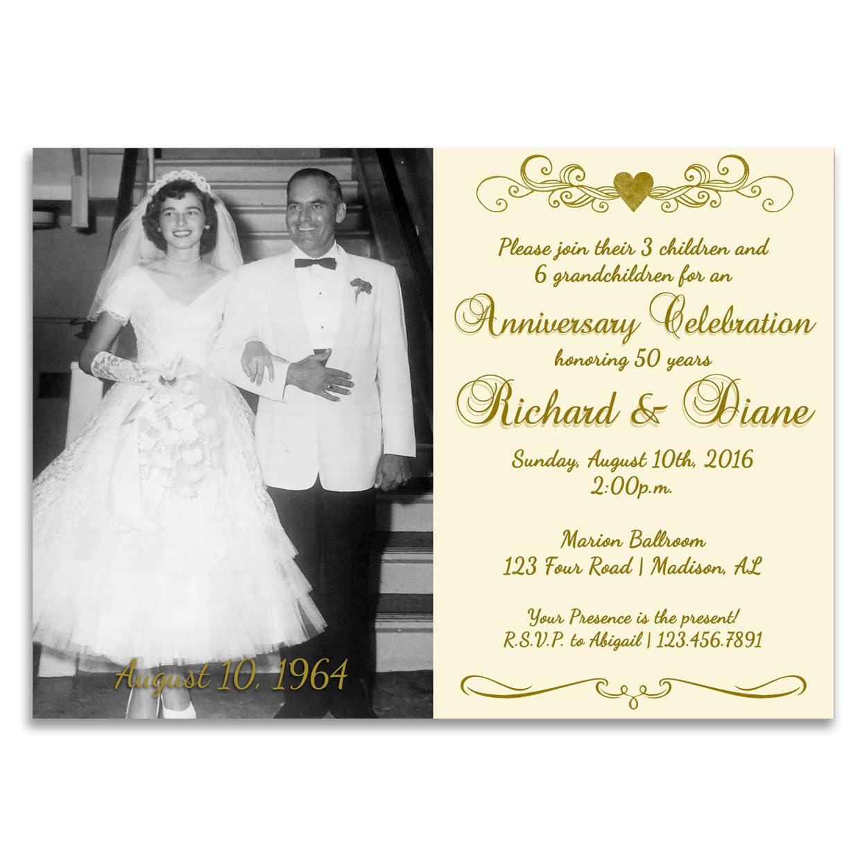 Amazon.com: Ivory Photo 50th Wedding Anniversary Party Invitations, Golden  Heart Vow Renewal Invites, personalized with envelopes : Home & Kitchen