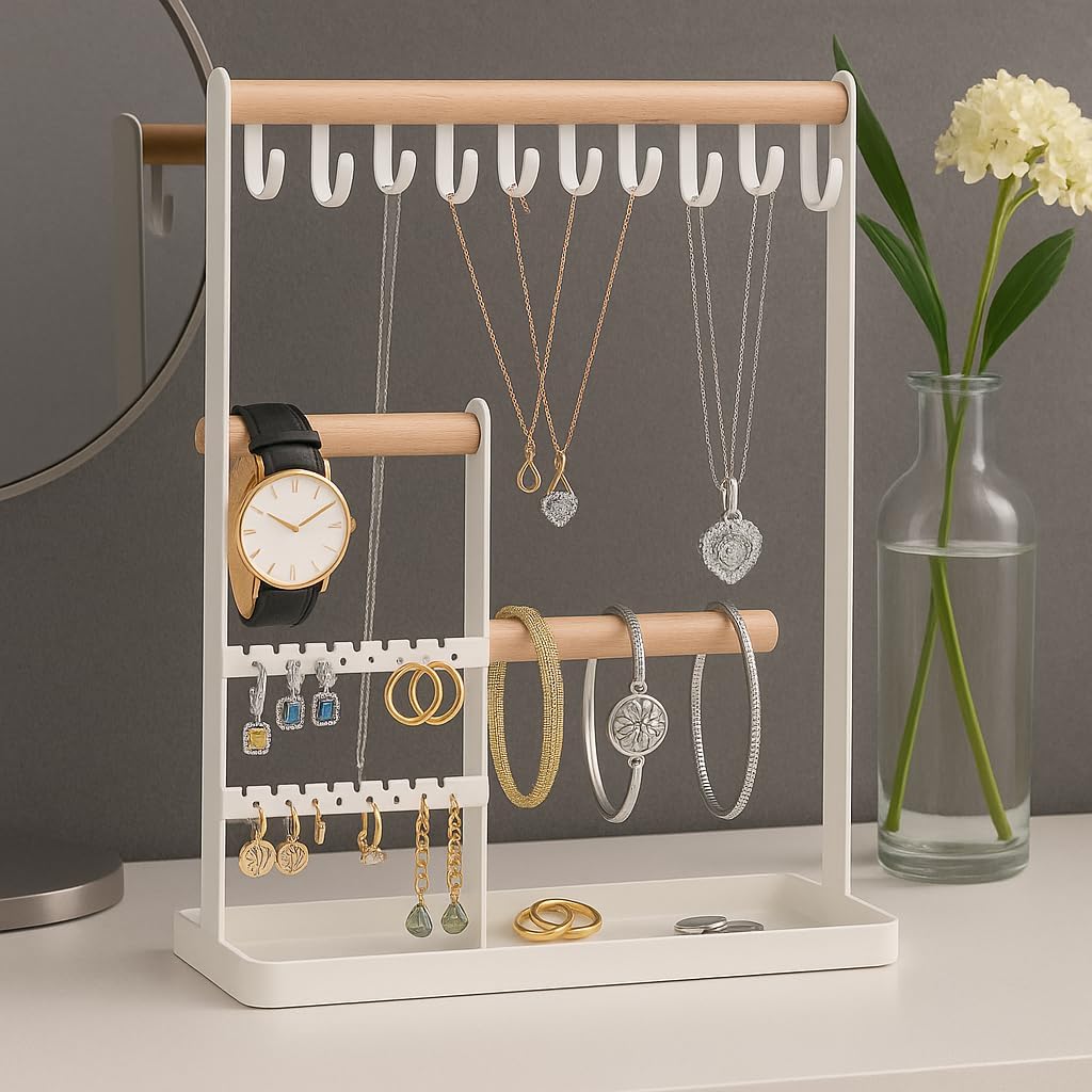 Prestige & Fancy Jewelry Organizer Stand, Jewelry Holder For all Jewelry, Necklace Organizer, Earring Holder organizer, Ring Tray, Jewelry Display Stand Rack, bedroom dresser decor, (White)