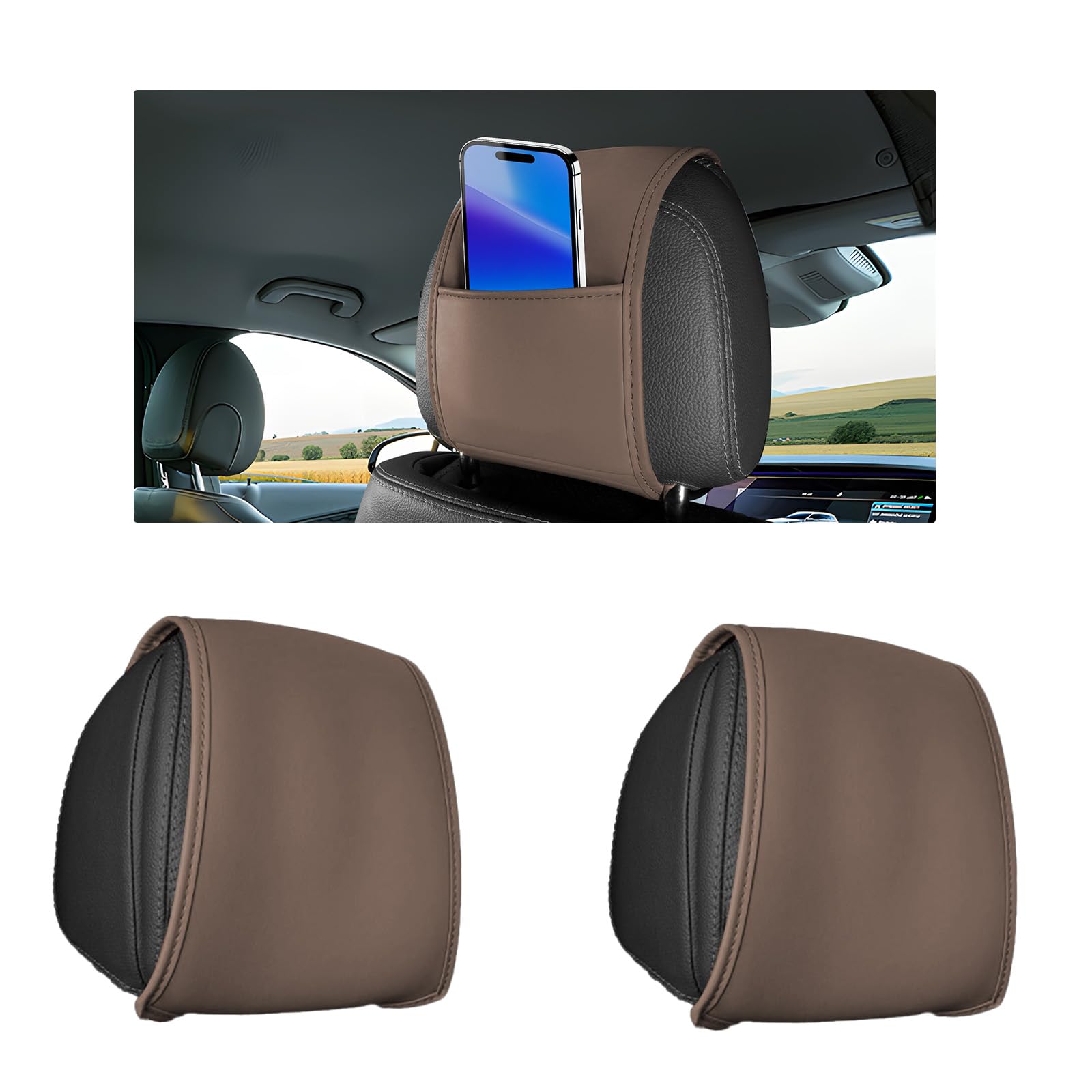 Photo 1 of Hbxdeco 2PCS Car Headrest Cover with Pocket, All Season Leather Headrest Covers for Cars, Anti-Stain Automotive Front Seat Head Rest Protector Organizer for Phones & Cards, Car Accessories (Brown)