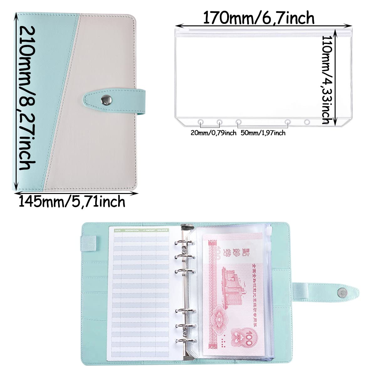 A6-ringmap, budgetplanner, notitieboek, 89-delig, leren ringbandmappen, 6 gaten, losse bladen, notitieboek, map, geld besparen, map met budgetkaart, kalender, kaart, pvc-tas, navulpapier