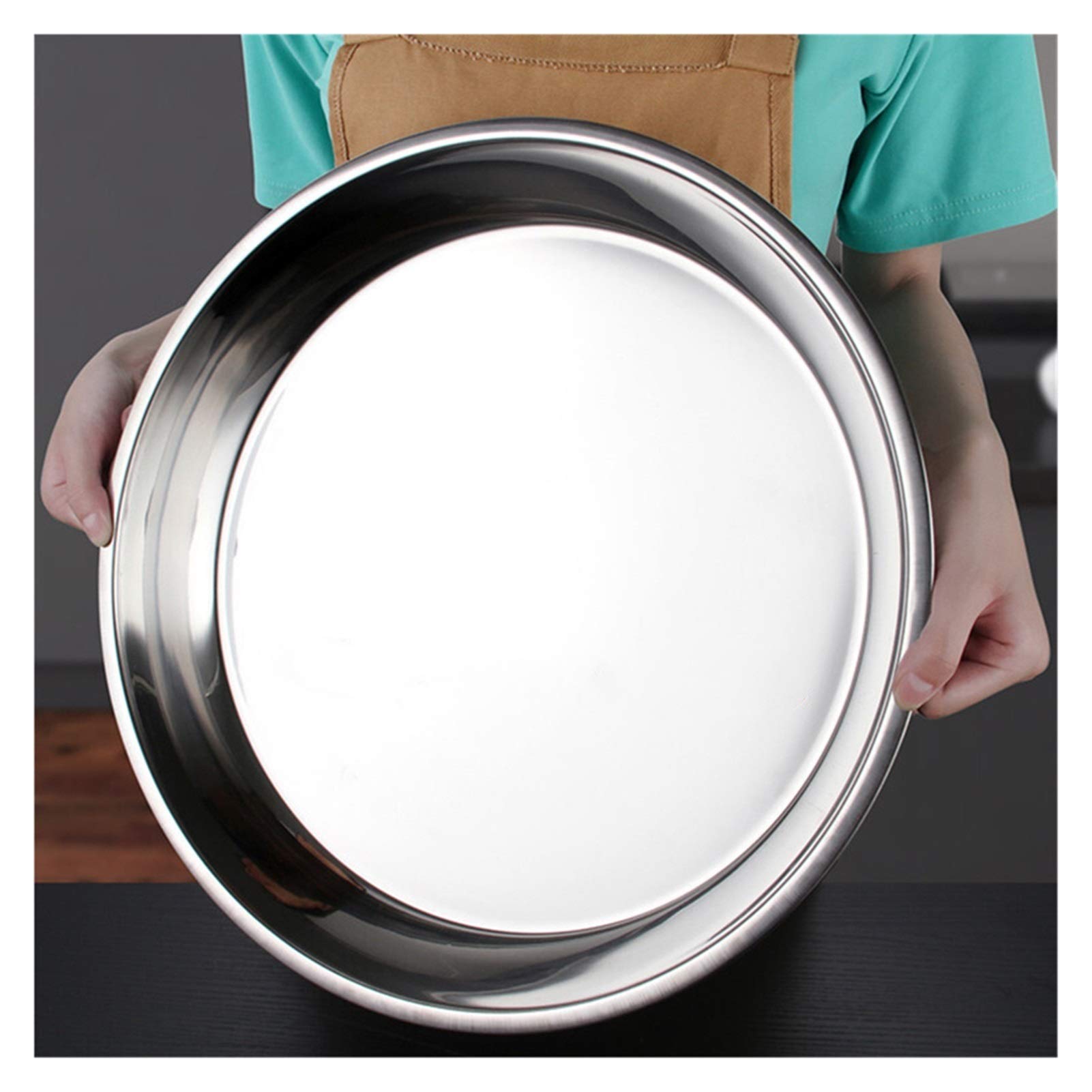 QSCTYG Metal Serving Tray Stainless Steel Thick Flat Round Dish Tray Charger Plates Silver Serving Tray Cake Metal Deep Plate Dinner Dish Plate Sets 88 (Color : 22cm x H3cm)