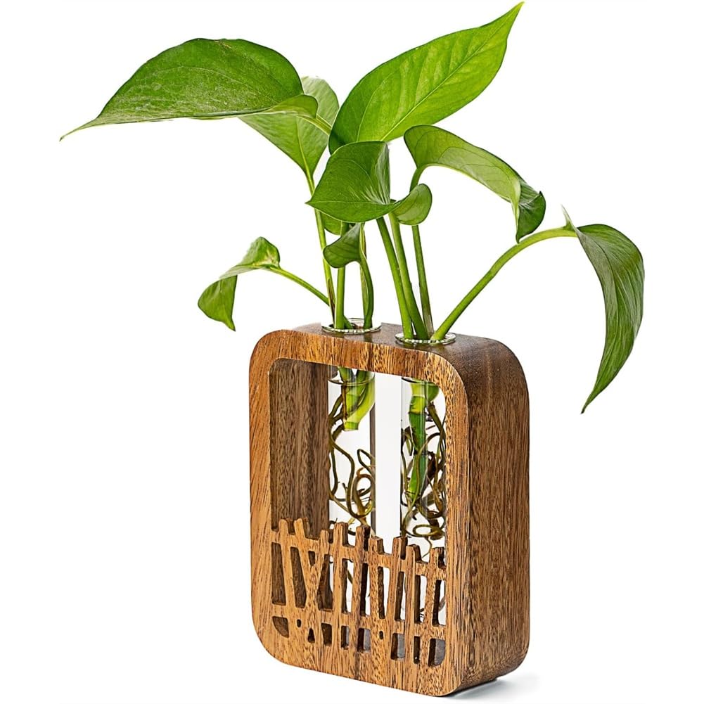 UDSKNV[KSL Walnut Wood for Hydroponics Terrarium Planter-2 Glass Test Tube Vase& Boho Plant Stand for Home Desk Decor
