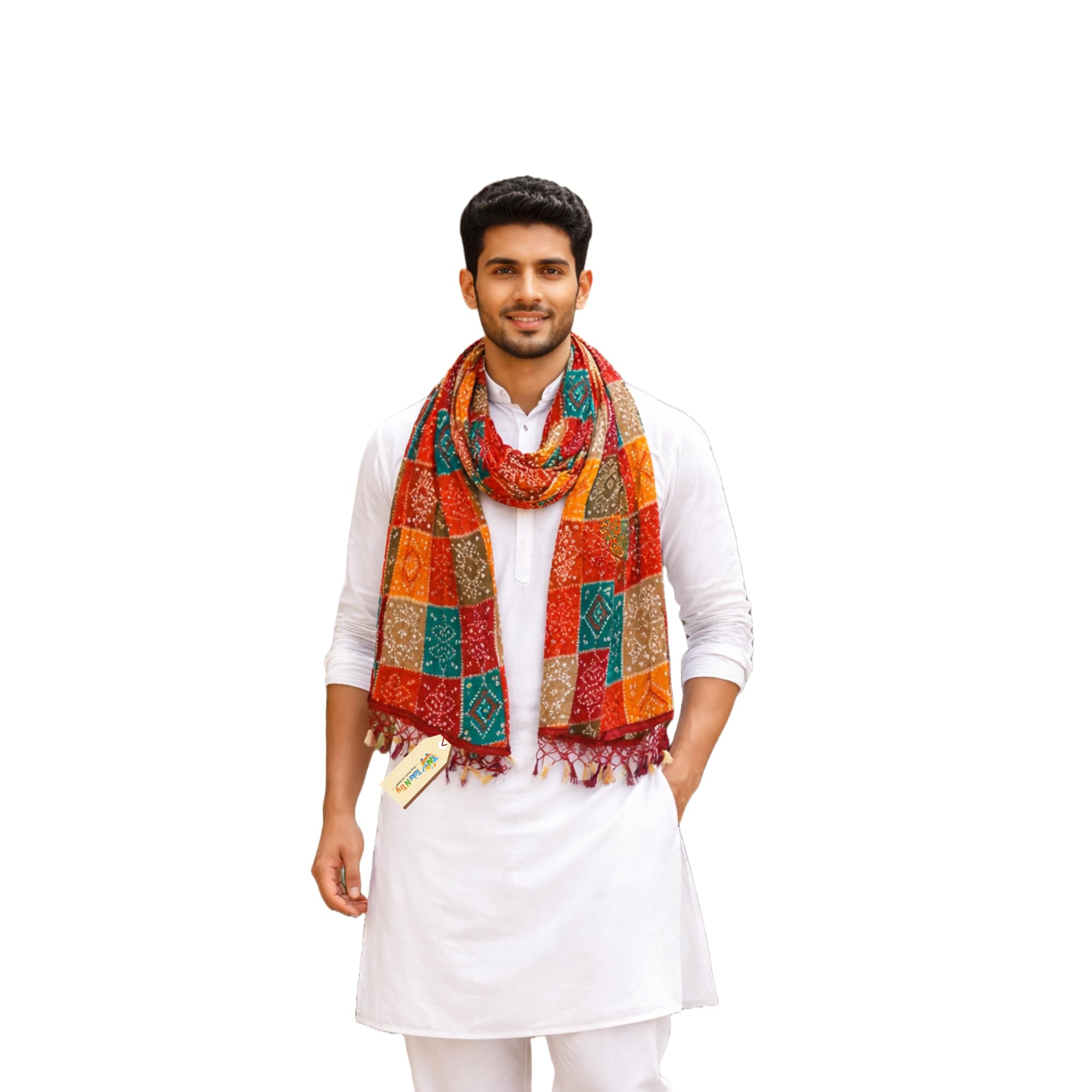 Traditional Men's Multicolor Silk Blend Bandhani Stole | Rajasthani Bandhej Dupatta for Kurta Pyjama & Sherwani | Wedding Scarf for Groom with Tassels | 2.25 Meters-image-20
