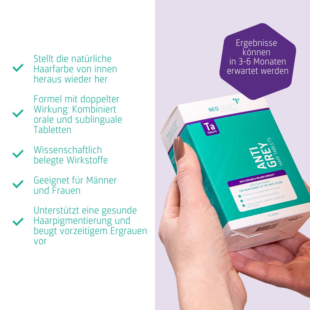 Neofollics Anti-Grau-Tabletten – 60 Stück – Zweistufiges Supplement mit Katalase & Melanin Complex™ – Unterstützt die Natürliche Haarpigmentierung – Vegane Formel – für Männer & Frauen