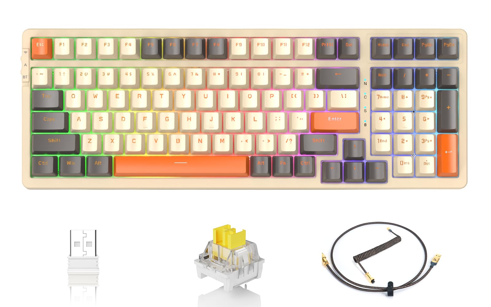 Attack Shark K98 Mechaniczna Klawiatura Gamingowa z Wymiennymi Switch'ami, 100 Klawiszy, BT5.0/2.4G/Przewód USB C, Bateria 3000mAh, Programowalne Podświetlenie RGB - Zmierzch (Żółte Switch)
