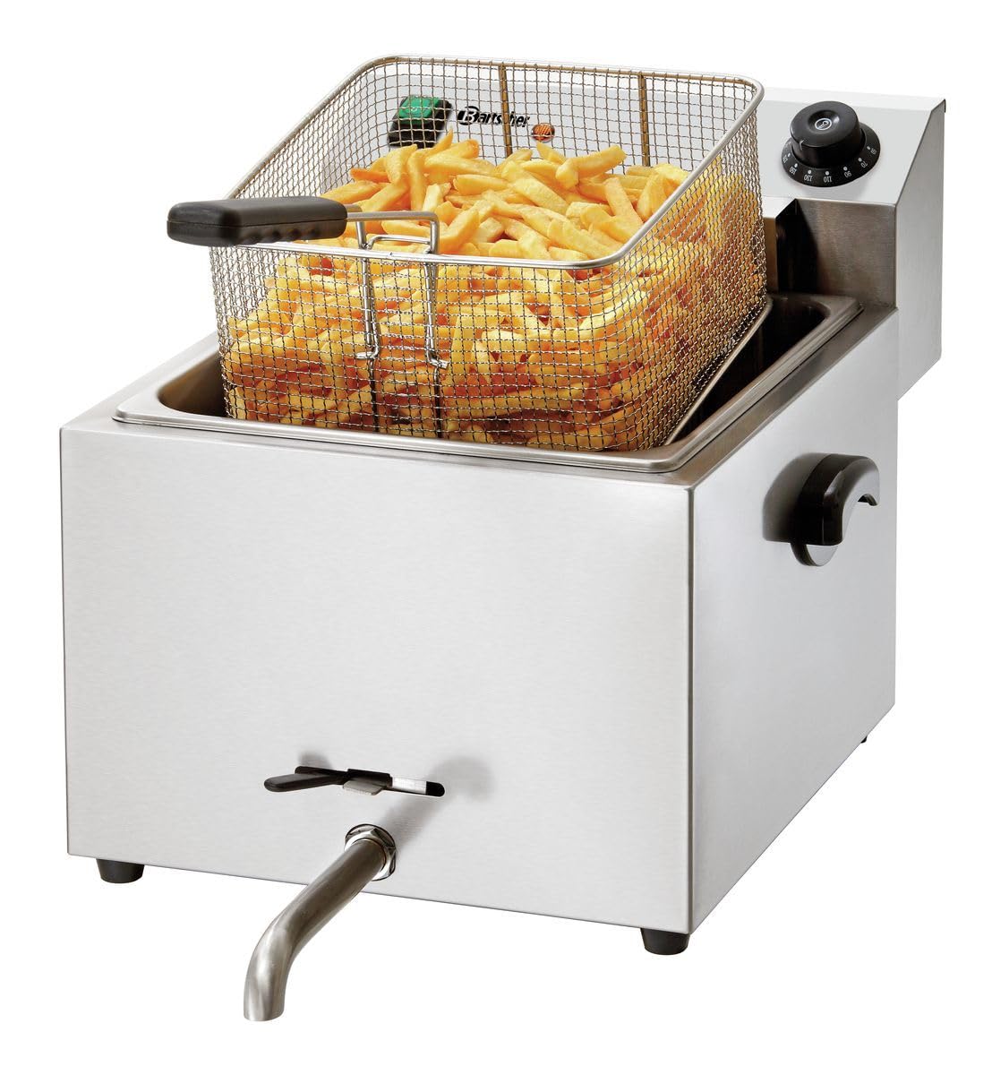 Bartscher Fritteuse IMBISS PRO – Elektro Tischgerät 11 l Becken aus Chromnickelstahl, mit Ablasshahn, herausnehmbarem Heizelement und Deckel