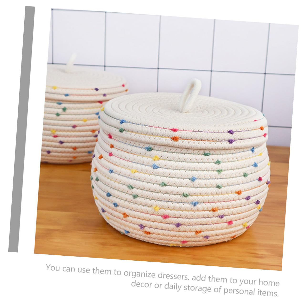 HOMSFOU Cestino Portaoggetti Organizer Casa Versatile e Resistente in Corda di Cotone Intrecciata con Coperchio, Cesta per Conservazione Uova con Trama Delicata