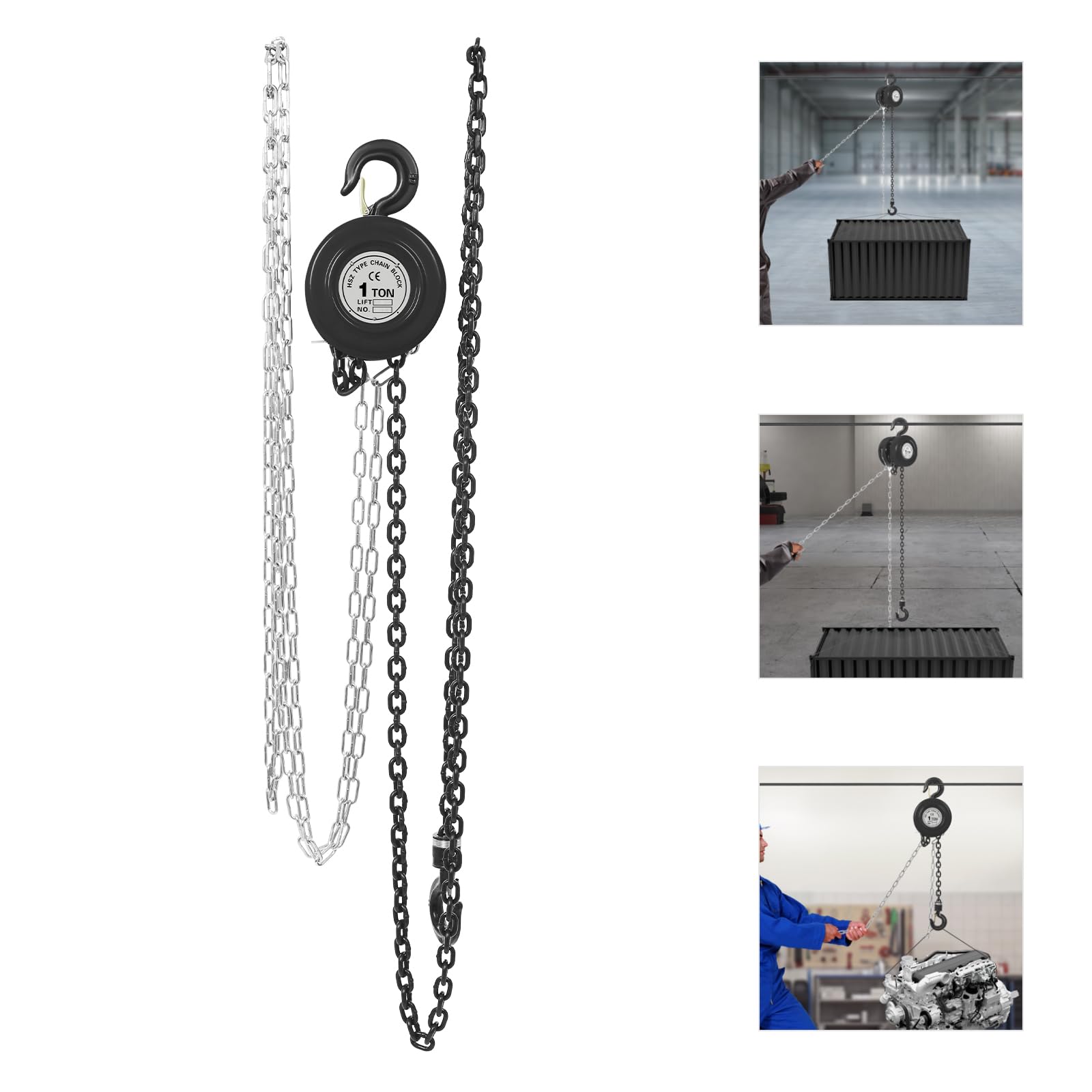Paranco a catena con capacità di carico 1T/2T, paranco a mano con gancio stabile, paranco manuale per fabbriche di trasporto, garage, cantieri navali, altezza di sollevamento 2,9 m (nero, 1T)