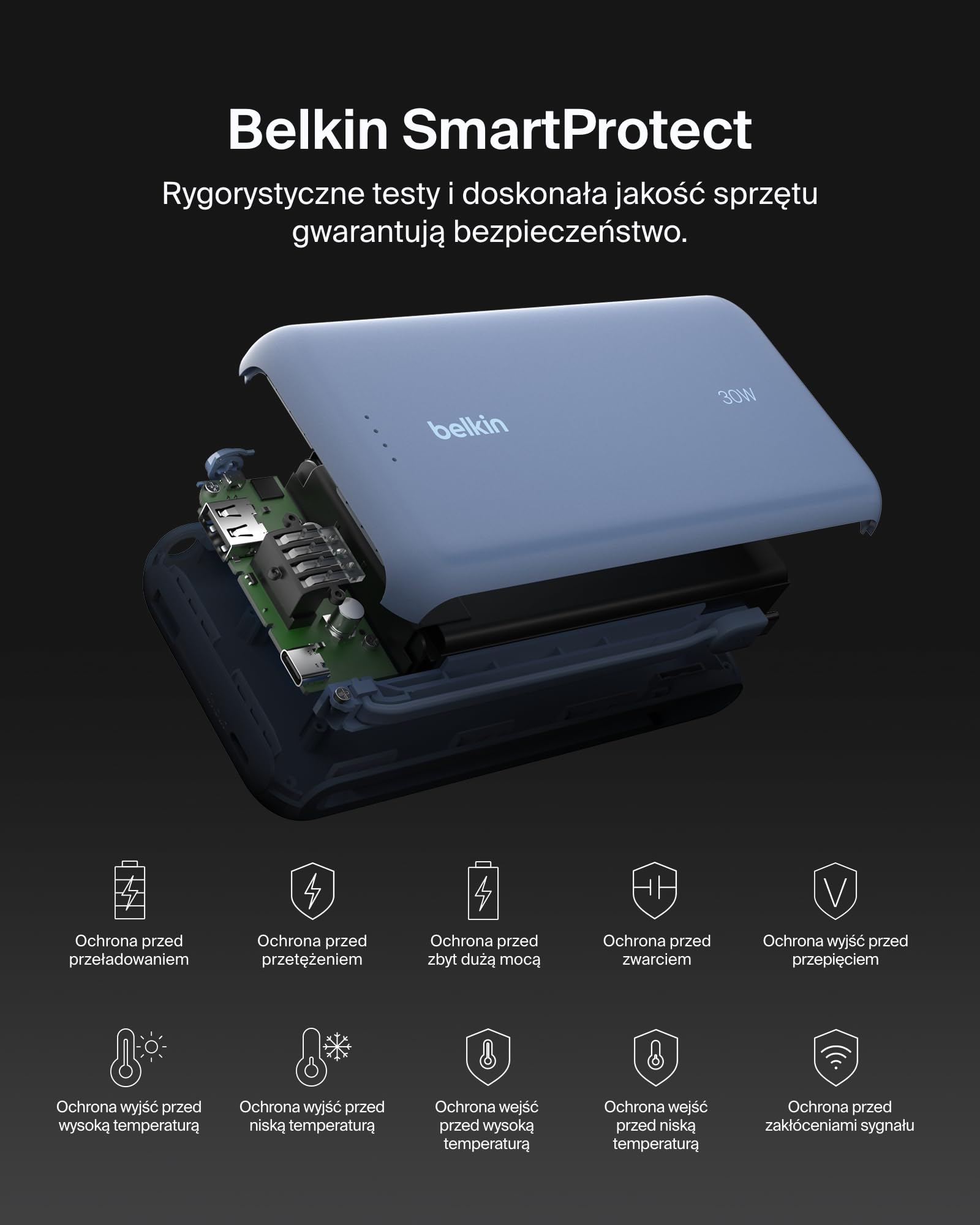 Belkin Przenośna ładowarka, powerbank 20 000 mAh PD 30 W ze zintegrowanym kablem – szybkie ładowanie USB-C Power Delivery, do urządzeń iPhone serii 16, iPad Pro, Galaxy serii S25 i innych – niebieska