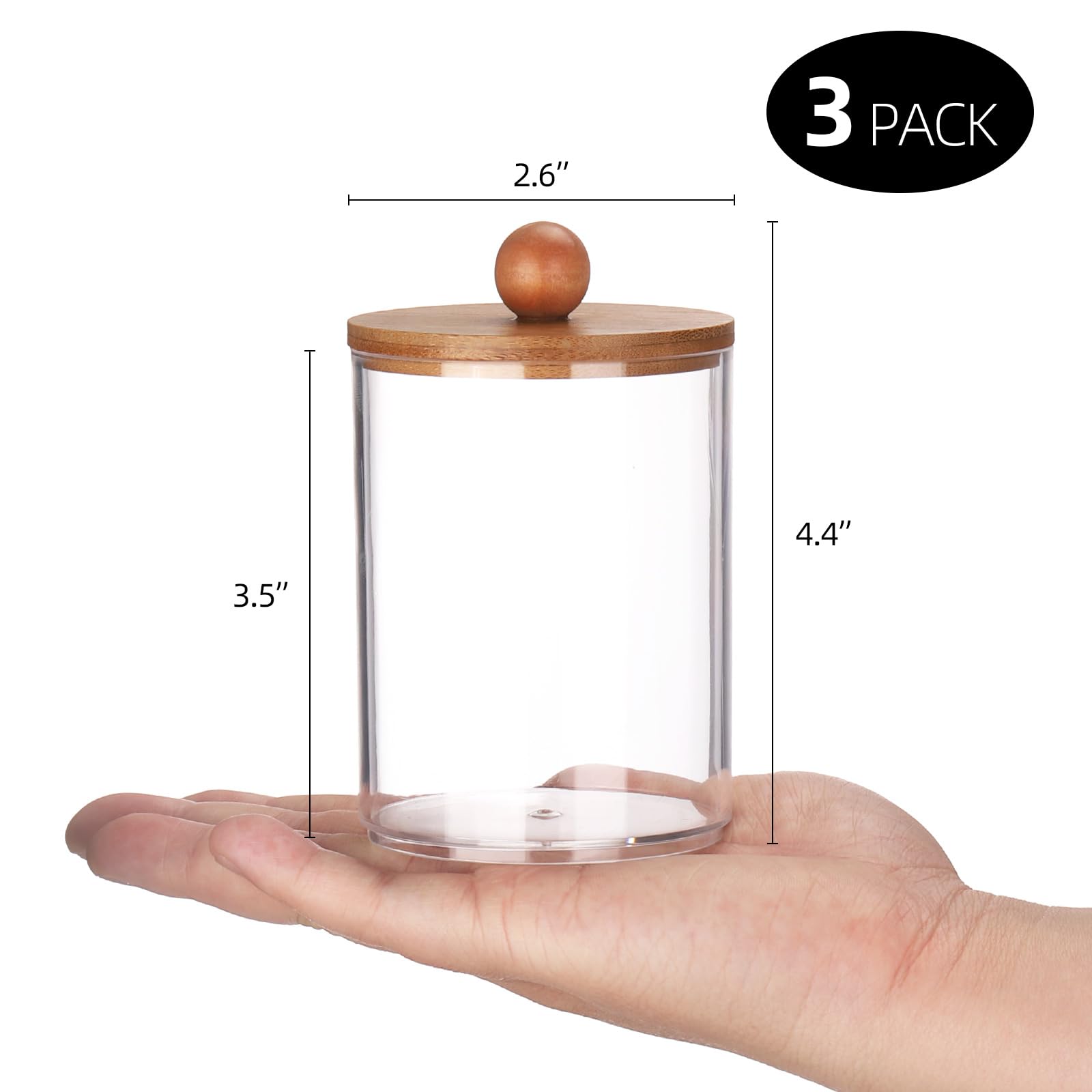 Tbestmax 10oz Qtip Holder Cotton Swab/Ball/Pad Holder with Vanity Tray, Clear Bathroom Containers Dispenser for Storage 3 Pack Wood Lids