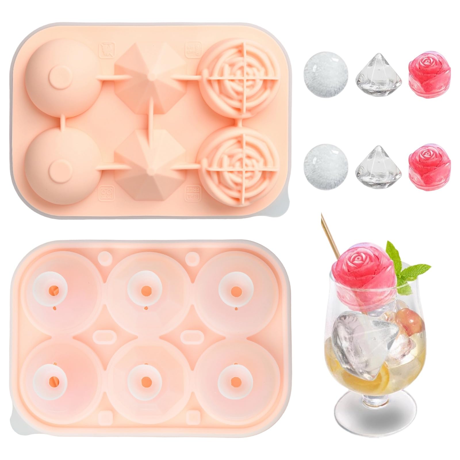 UR URLIFEHALL 1 Pc Rose Silicone Mould Pink Diamond Ball Ice Cube Tray Mould for Chilled Cocktails Whiskey Juice Coffee Fancy Drinks Freezer
