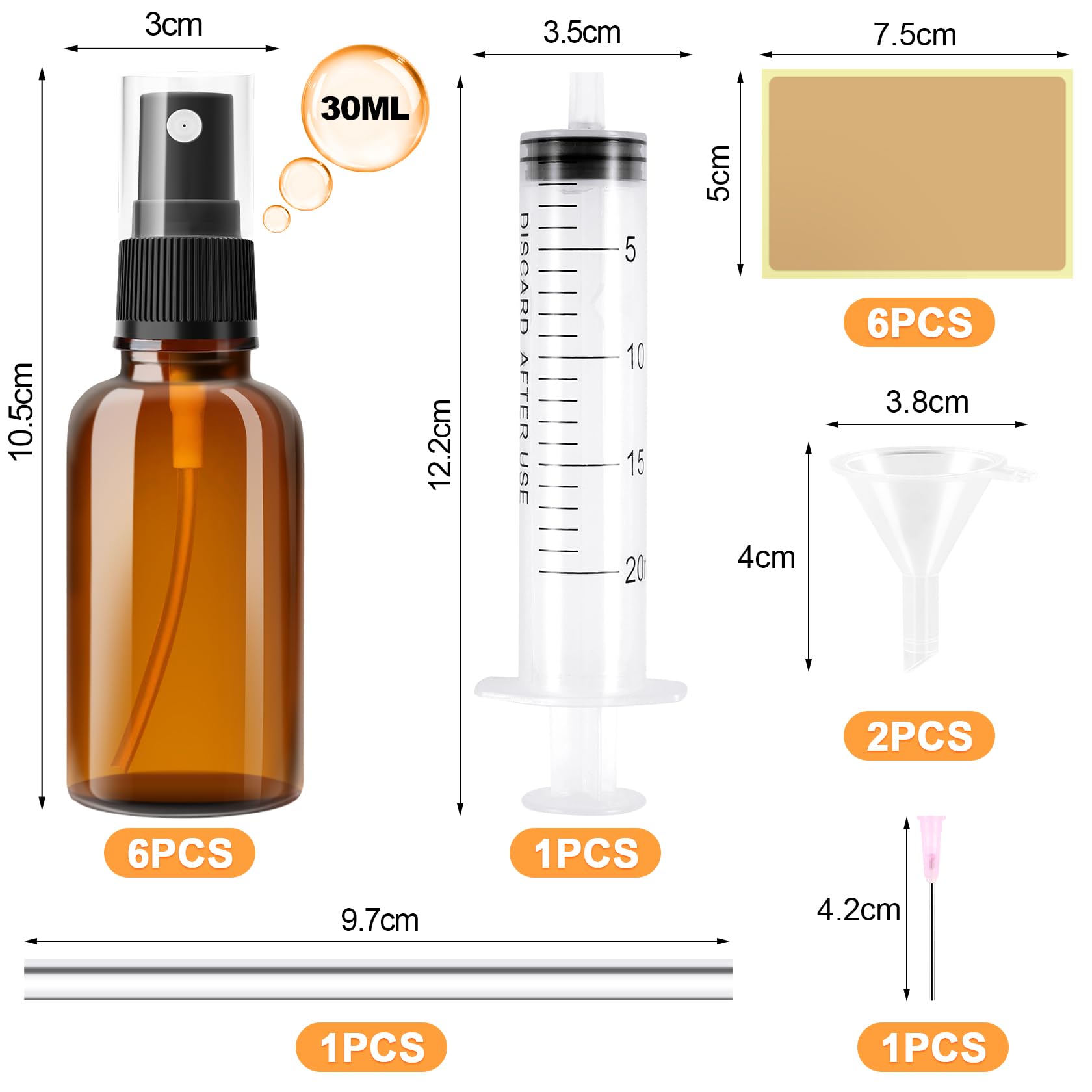 Szklana Butelka z Rozpylaczem 30 ml, 6 szt., do Wielokrotnego Napełniania, z 9 Akcesoriami