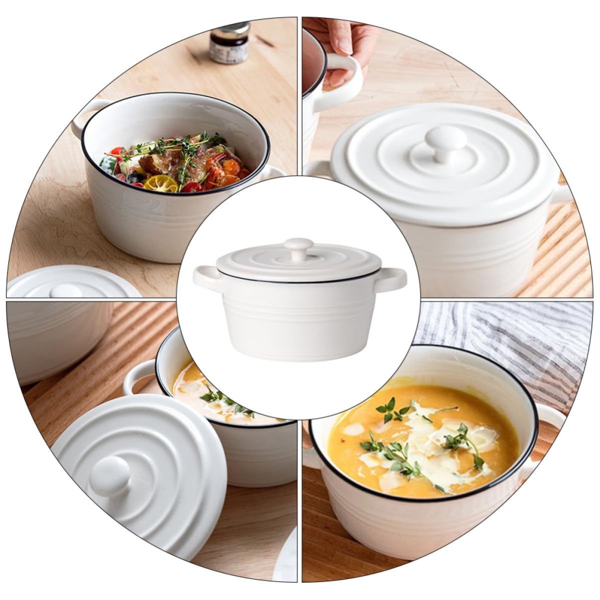 GALPADA Cuenco con Doble Asa y Tapa de Cerámica para Sopa Caliente