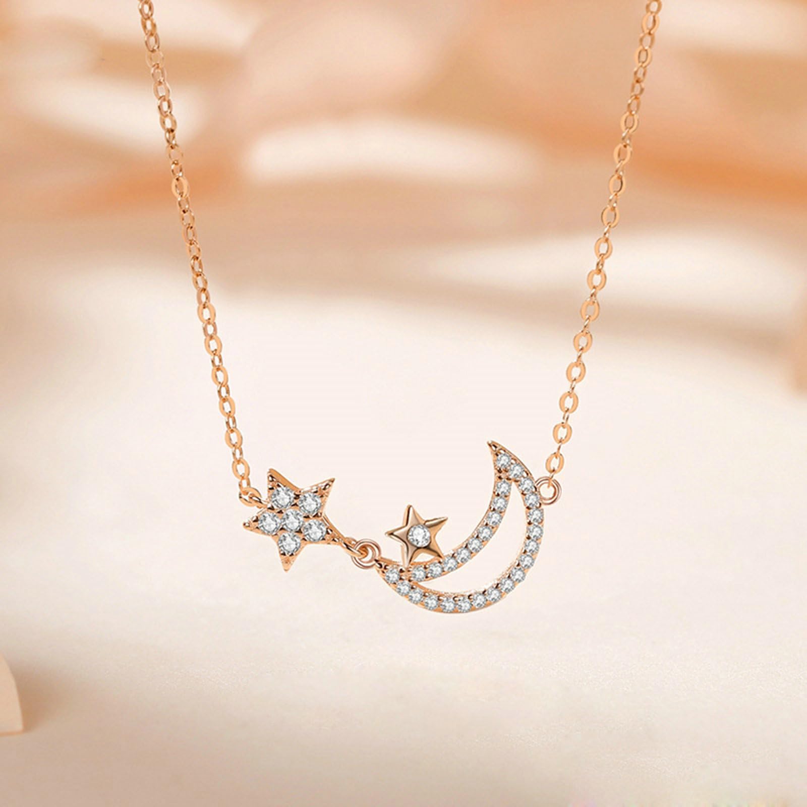 Anhänger Halskette 9K/14K/18K Gold, Roségold Halsketten Mond Stern mit Moissanit Damen Braut Halskette 40+5cm
