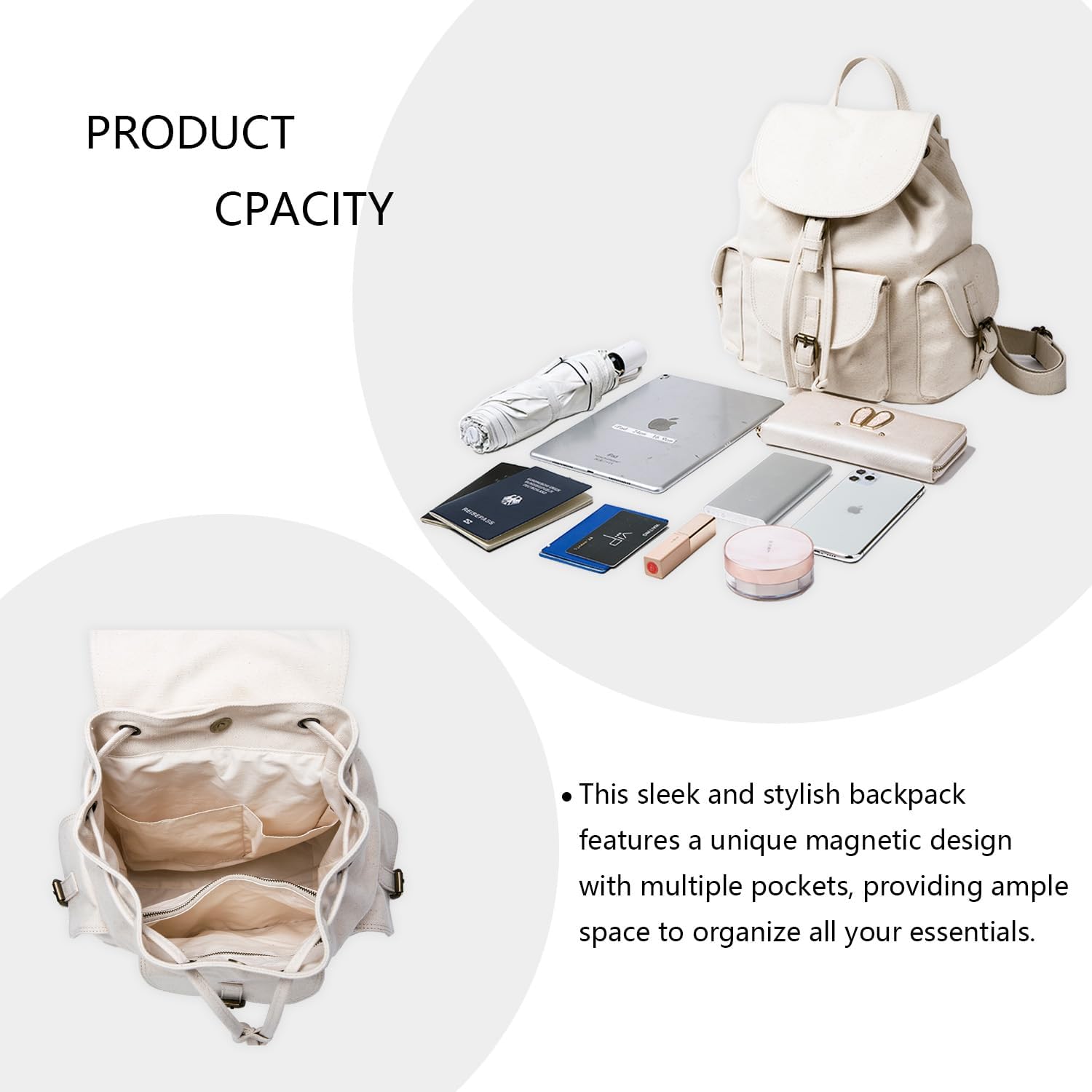 Backpacks - Drawstring Design- Women's Backpacks with Magnetic Buckle Fastening - Multiple Pockets （Black） - Image 4