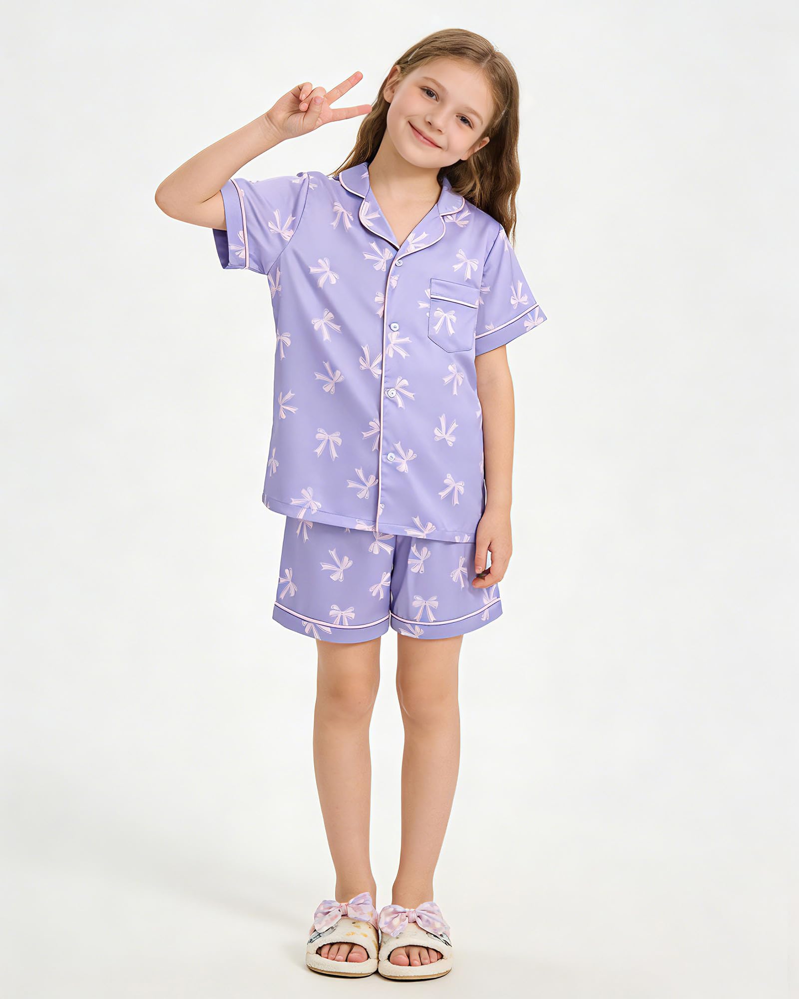 Satino Pigiami Due Pezzi per Bambina Maniche Lunghe Pyjamas Ragazza Sottile e Liscia Come la Seta