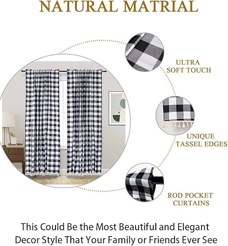 Miniatura 5 de ShinyBeauty Cortinas a cuadros de búfalo negro, 2 paneles de 84 pulgadas de largo, cortinas a cuadros de granja, cortinas de algodón con borlas y