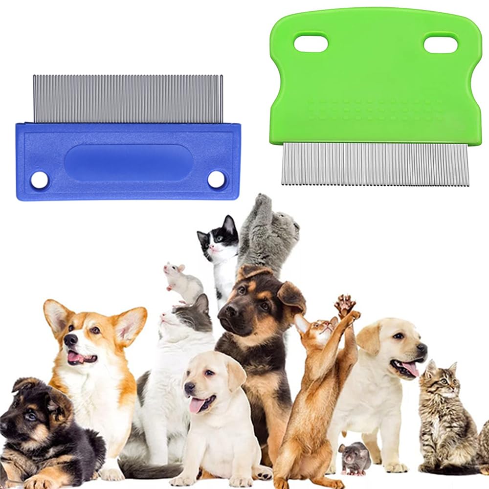 犬 猫 痒み止め 長毛短毛兼用 くし 美容ブラシ お手入れ用品 涙やけ除去用くし コーム 抜け毛取り ペット 中型小型犬や猫に 肌にやさしい 2点セット ステンレス製 ノミ取り櫛 犬用涙やけ除去用くし (ブルー) グリーン