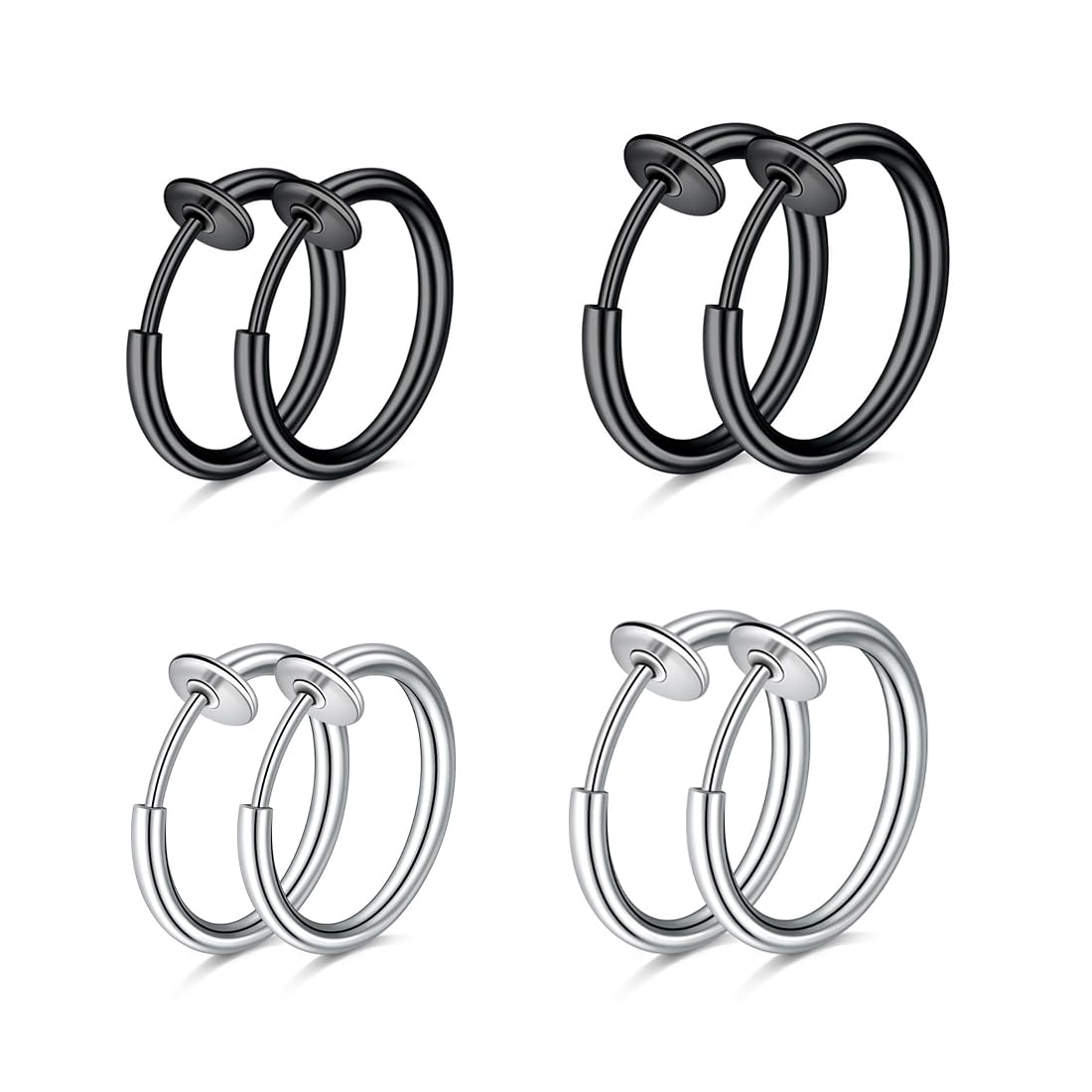4 Paia di Orecchini Clip Magnetici in Acciaio Inossidabile Senza Buco per Uomo, Donna - Design da Uomo con Cerchi Piccoli per Orecchini Finti Non Piercing, Nero e argento