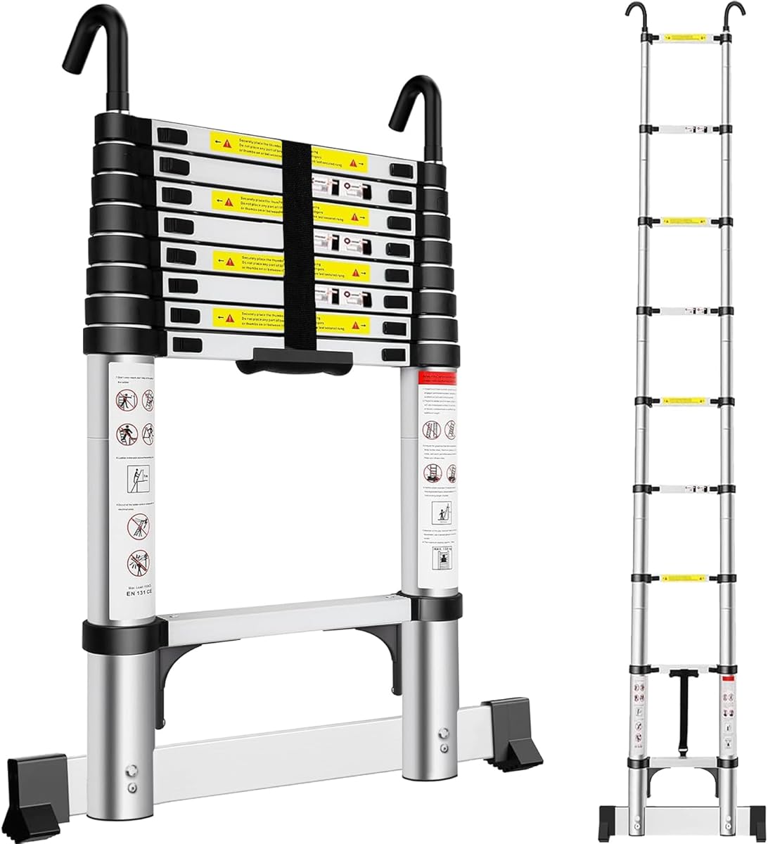 Extendable Telescopic Ladder 2.6M, Aluminium Telescopicing Ladder with Detachable Hooks and Stabiliser Bar, Adjustable Height Portable Sturdy Loft Ladder Secure Climbing for Home and Professional Use