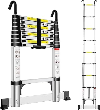 Extendable Telescopic Ladder 2.6M, Aluminium Telescoping Ladder with Detachable Hooks and Stabiliser Bar, Adjustable Height Portable Sturdy Loft Ladder Secure Climbing for Home