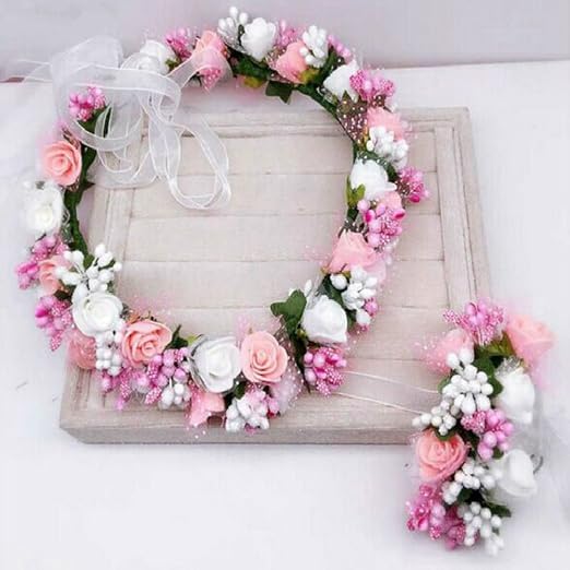 Amazon Co Jp Ruier Tong お花の冠 フラワー ヘッドドレス 花冠 リストレット 腕輪 2点 セット 髪飾り ヘアアクセサリー ヘア花輪 フラワーガールに変身 結婚式 ウェディング 誕生日パーティー 写真撮影 ダンス衣装 お祝い ビーチ用品などにも 女の子 ピンク おもちゃ