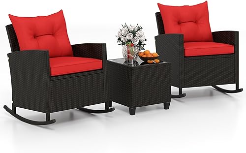 Miniatura 9 de Tangkula Juego de mecedoras de mimbre de 3 piezas, sillas roker de ratán para patio con mesa de vidrio templado y cojines suaves, juego de muebles