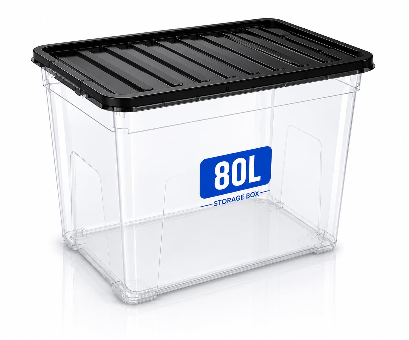 KAPCO 80 Litre Plastic Storage Box with Black Lid, Clear Stackable Storage Container, 57 x 40 x 40 cm, Large Storage Tub for Home Organisation, Clothes, Bedding, Garage, Loft & Office Storage