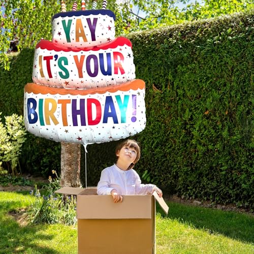 Image of 2PCS Happy Birthday Cake Foil Balloons, 40 inch Large Three-Layer Mylar Birthday Balloons, Yay Balloon for Girls Boys Kids Baby Shower Party Decorations, Multicolored