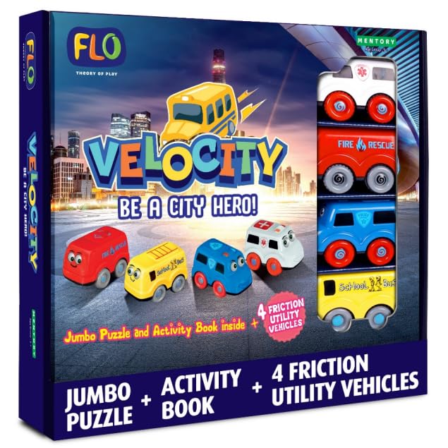 Velocity Rescue Vehicle Puzzle Set | 4-Piece Friction Cars (Police Van, Fire Truck, Ambulance, School Bus) with 58x86 cm Floor Puzzle & Storybook | STEM Adventure Toy for Boys & Girls Ages 5+