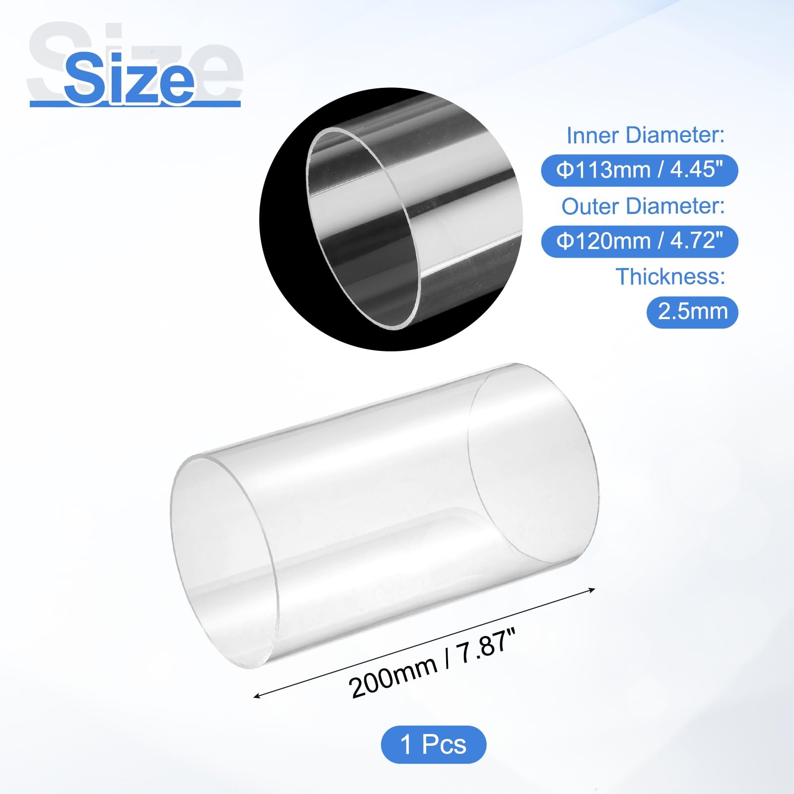 sourcing map Tubo acrilico rigido trasparente, diametro interno 113 mm x diametro esterno 120 mm, tubo rotondo in policarbonato per idraulici, illuminazione, acquari, progetti fai da te