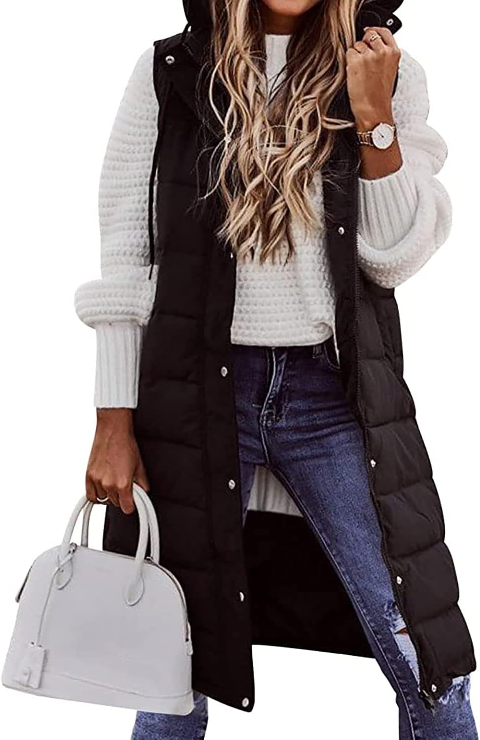 Womens Long Gilet Hooded Quilted Gilet Vest Zip Up Sleeveless Down Jacket Ladies Long Coat Padded Puffer Vest Bodywarmer Slim Fit Winter Waistcoat Parka Outwear