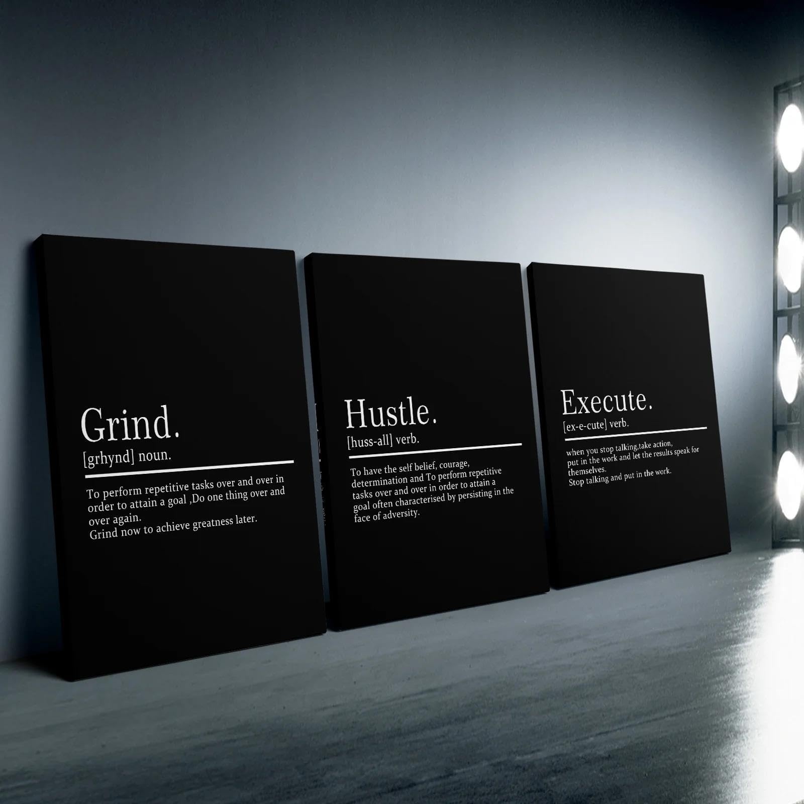 Baibexing Modern Inspirational Quotes Grind Hustle Execute Poster Canvas Painting Wall Art Picture For Living Room Home Decor 40X60Cmx3Pcs Unframed